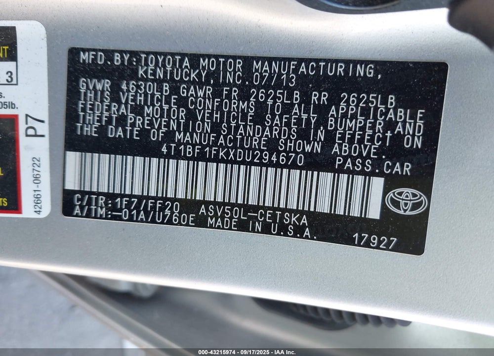 2013 TOYOTA CAMRY VIN: 4T1BF1FKXDU294670