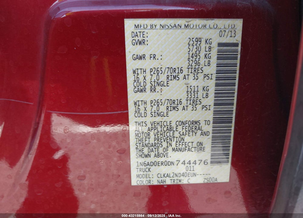 2013 NISSAN FRONTIER VIN: 1N6AD0ER0DN744476