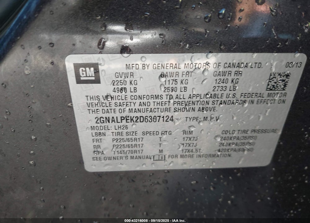 2013 CHEVROLET EQUINOX VIN: 2GNALPEK2D6307124