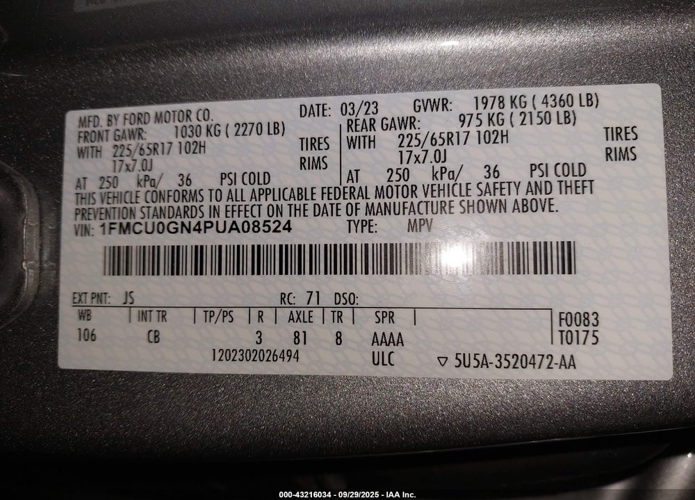 2023 FORD ESCAPE ACTIVE VIN: 1FMCU0GN4PUA08524