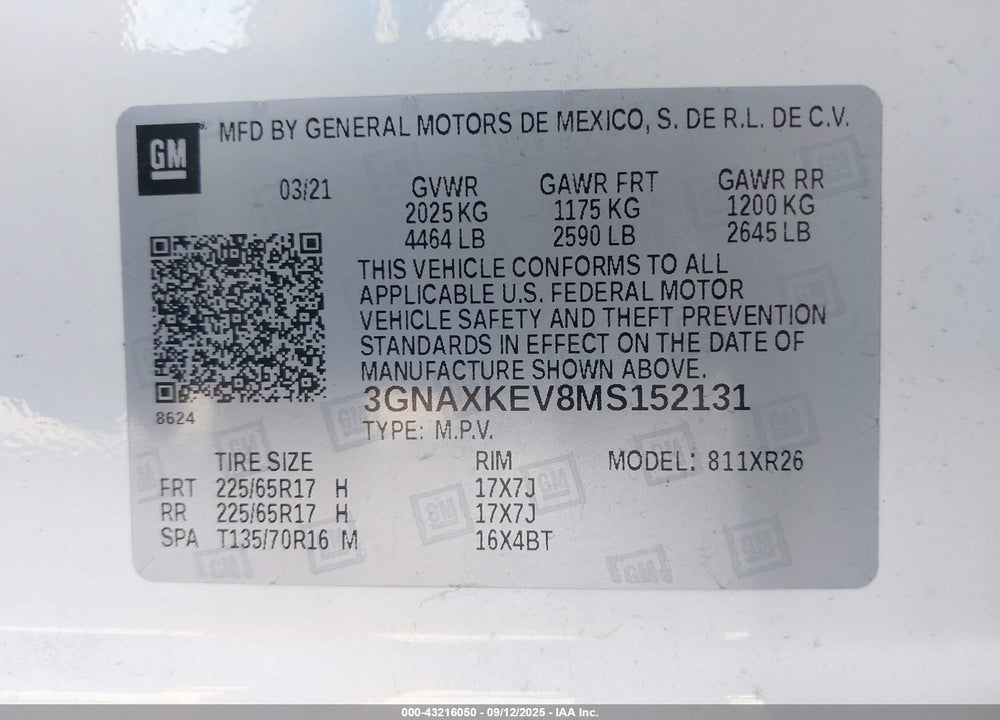 2021 CHEVROLET EQUINOX VIN: 3GNAXKEV8MS152131