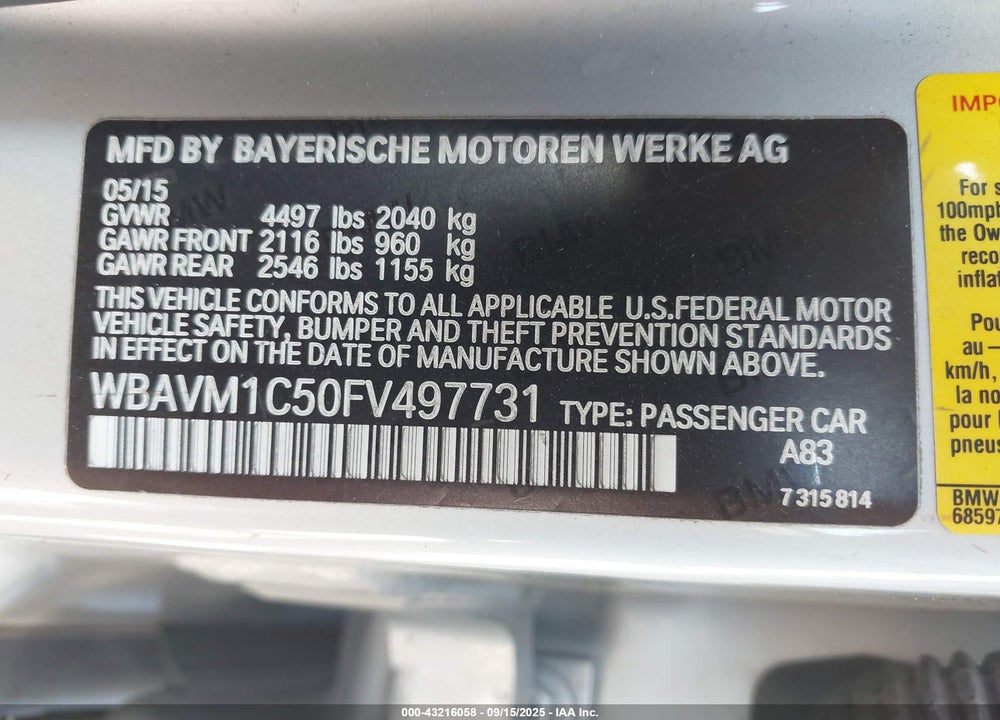 2015 BMW X1 VIN: WBAVM1C50FV497731