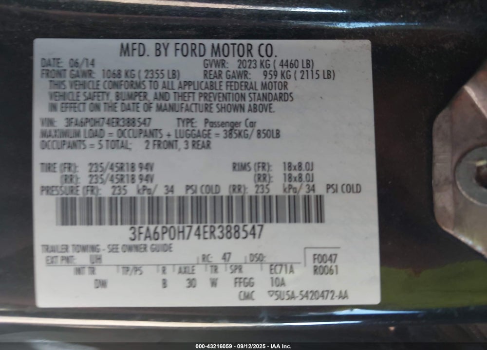 2014 FORD FUSION VIN: 3FA6P0H74ER388547