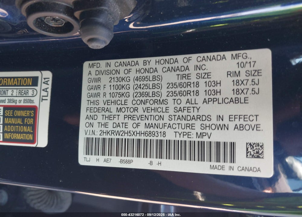 2017 HONDA CR-V VIN: 2HKRW2H5XHH689318