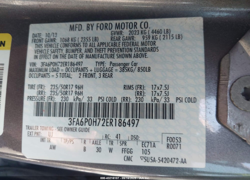 2014 FORD FUSION VIN: 3FA6P0H72ER186497