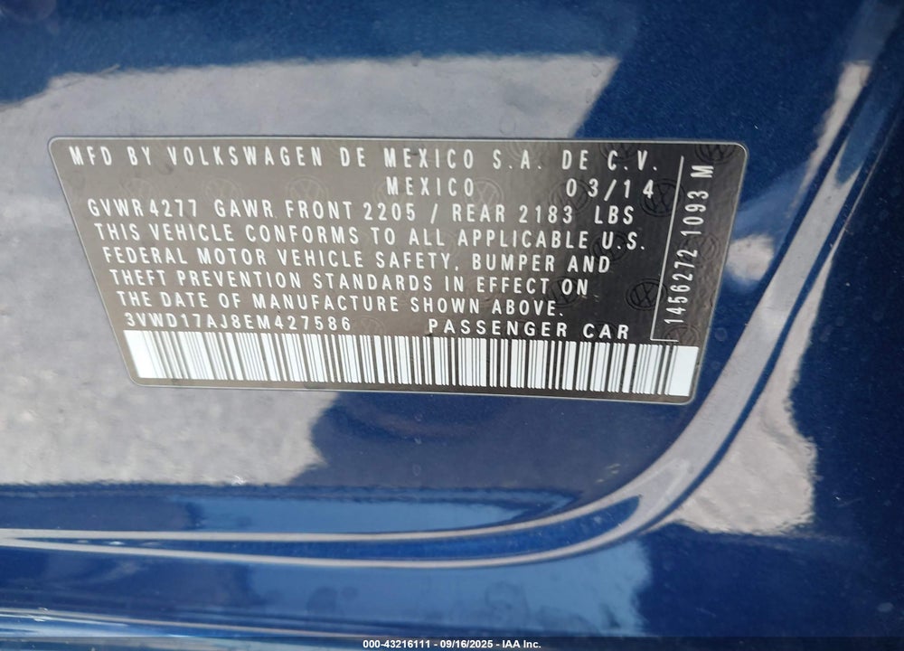 2014 VOLKSWAGEN JETTA VIN: 3VWD17AJ8EM427586