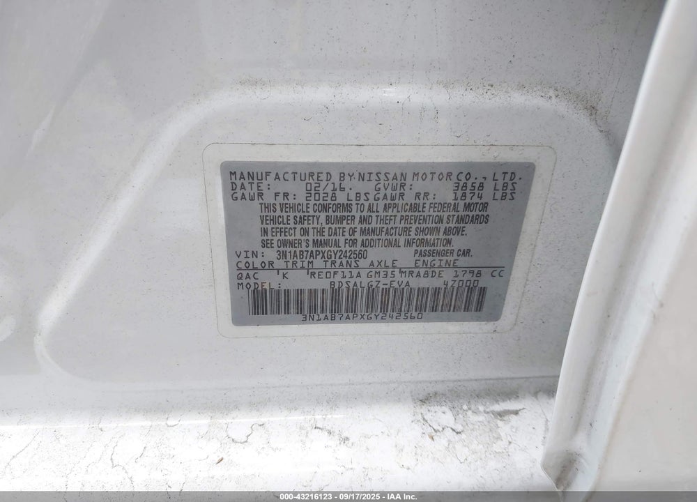 2016 NISSAN SENTRA VIN: 3N1AB7APXGY242560