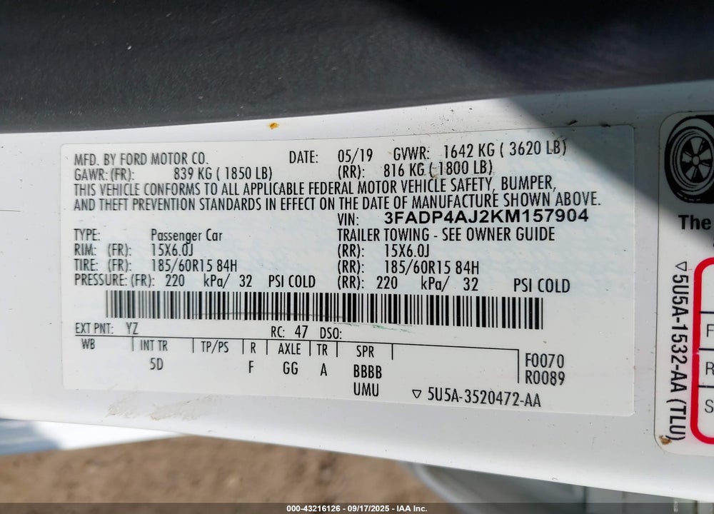 2019 FORD FIESTA VIN: 3FADP4AJ2KM157904