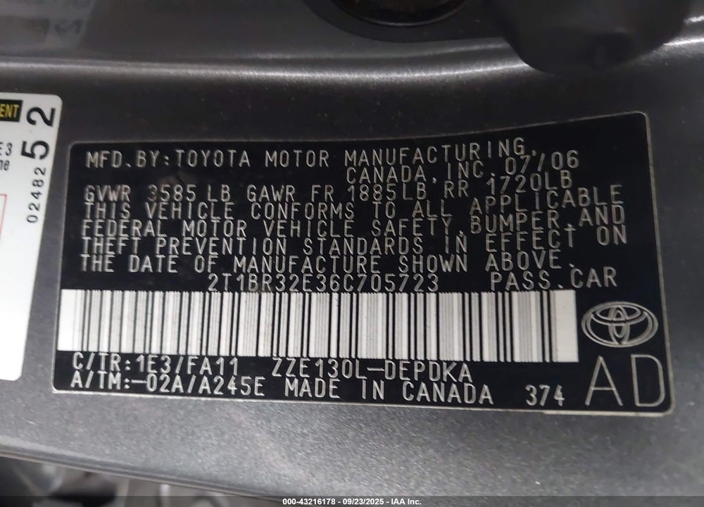 2006 TOYOTA COROLLA CE VIN: 2T1BR32E36C705723