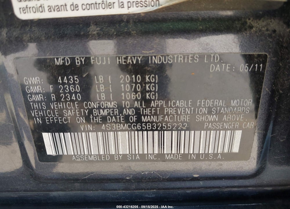 2011 SUBARU LEGACY 2.5I PREMIUM VIN: 4S3BMCG65B3255222