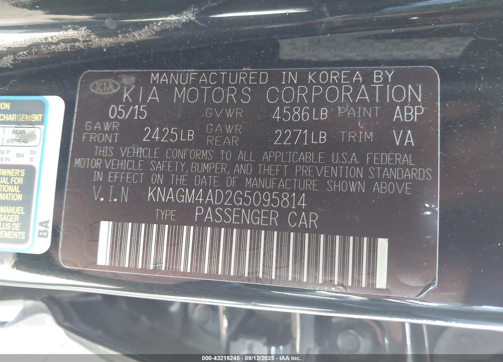 2016 KIA OPTIMA HYBRID VIN: KNAGM4AD2G5095814