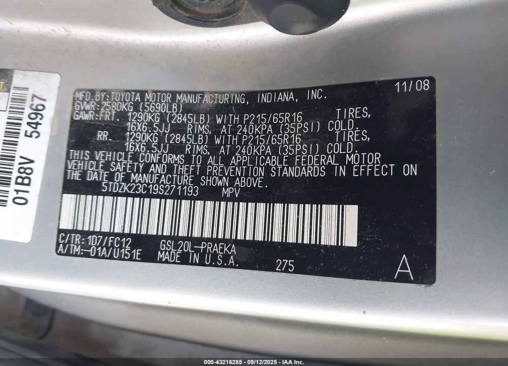 2009 TOYOTA SIENNA LE VIN: 5TDZK23C19S271193