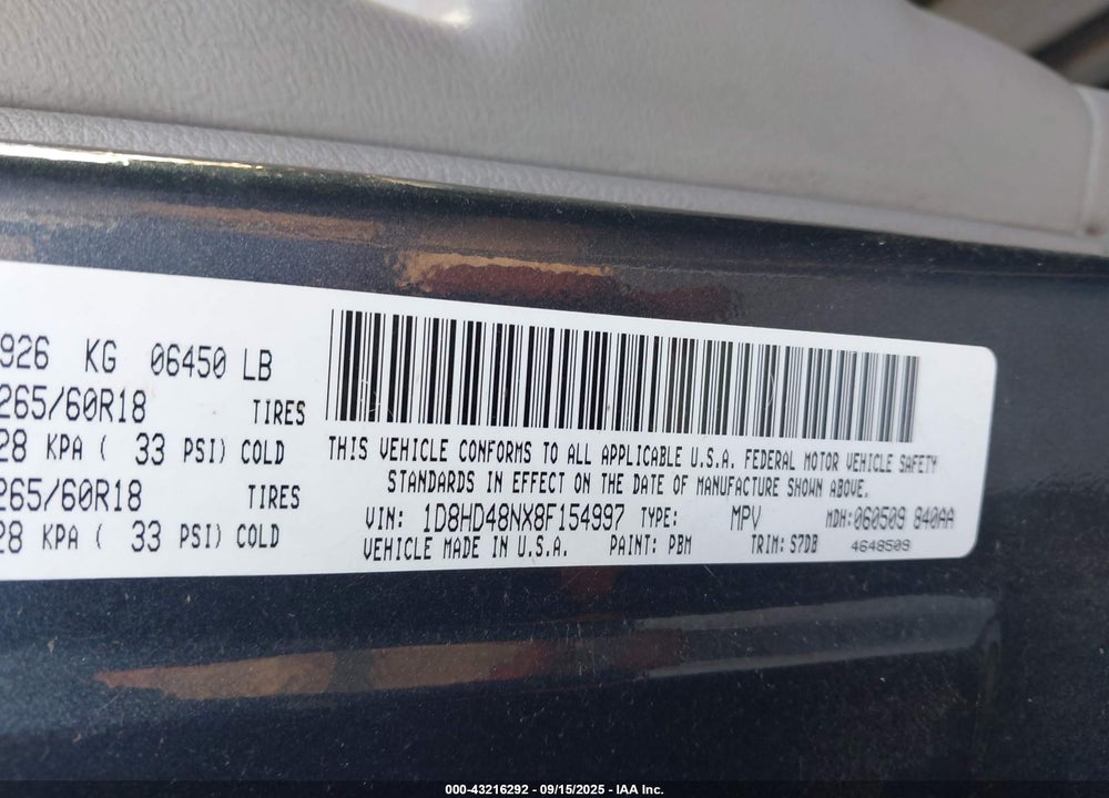 2008 DODGE DURANGO VIN: 1D8HD48NX8F154997