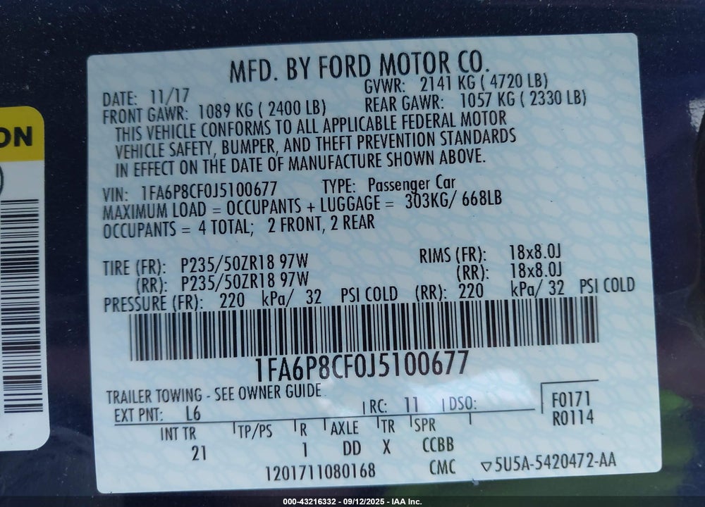 2018 FORD MUSTANG VIN: 1FA6P8CF0J5100677