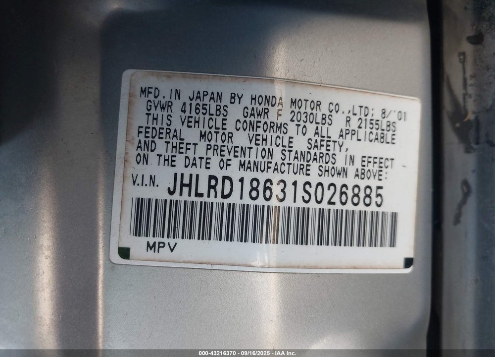 2001 HONDA CR-V EX VIN: JHLRD18631S026885