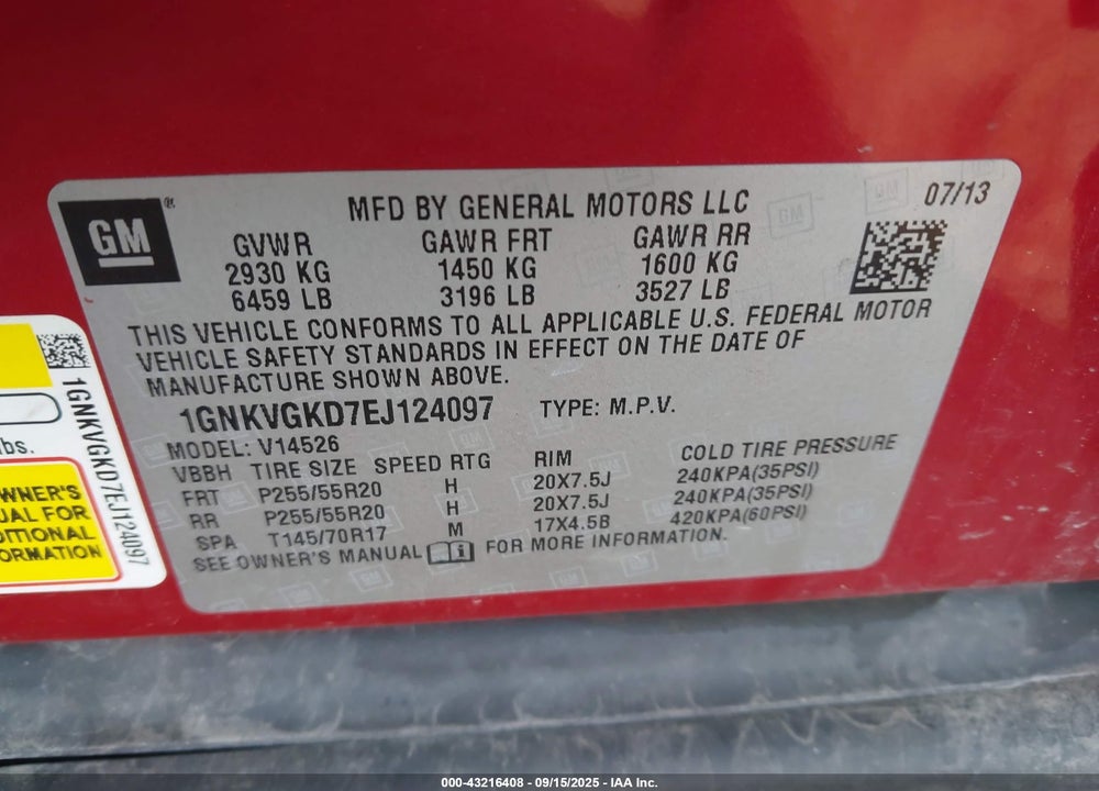 2014 CHEVROLET TRAVERSE VIN: 1GNKVGKD7EJ124097