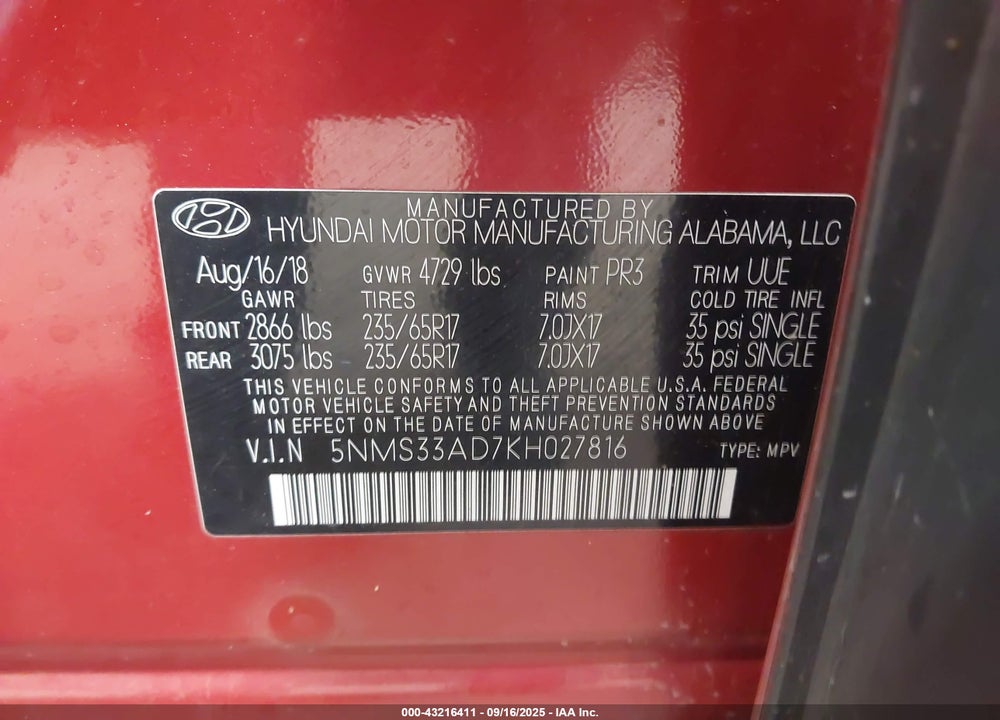 2019 HYUNDAI SANTA FE VIN: 5NMS33AD7KH027816