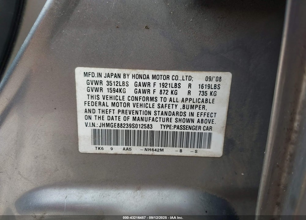 2009 HONDA FIT VIN: JHMGE88239S012583