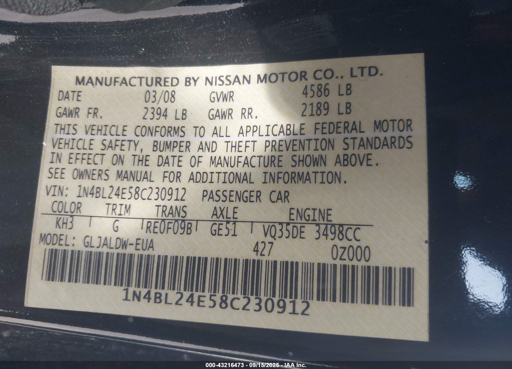 2008 NISSAN ALTIMA 3.5 SE VIN: 1N4BL24E58C230912