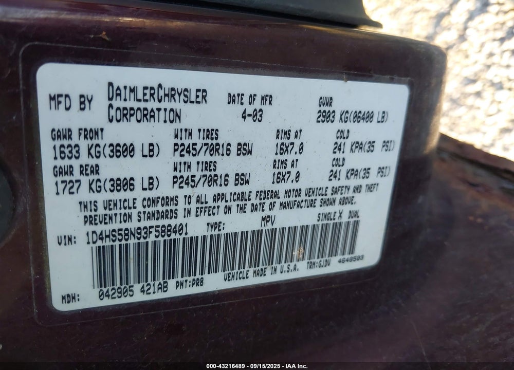 2003 DODGE DURANGO SLT PLUS VIN: 1D4HS58N93F588401