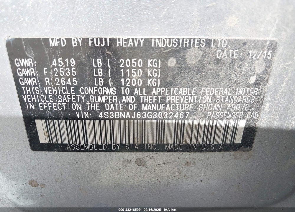 2016 SUBARU LEGACY VIN: 4S3BNAJ63G3032467