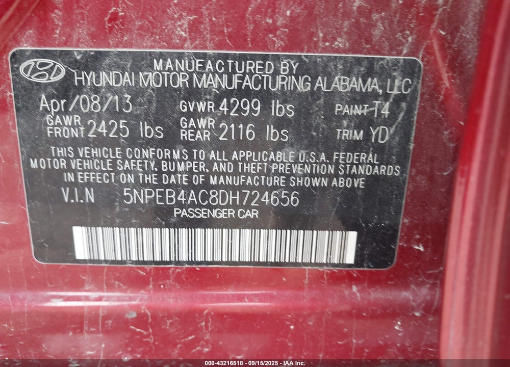 2013 HYUNDAI SONATA GLS VIN: 5NPEB4AC8DH724656