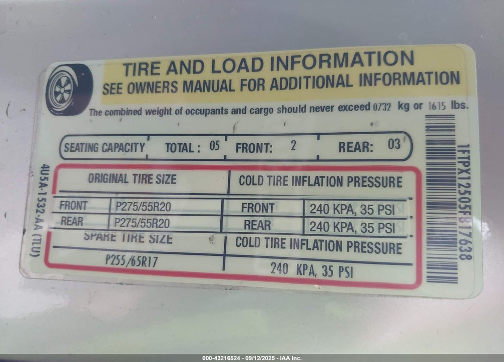 2005 FORD F-150 LARIAT/XL/XLT VIN: 1FTPX12505FB17638