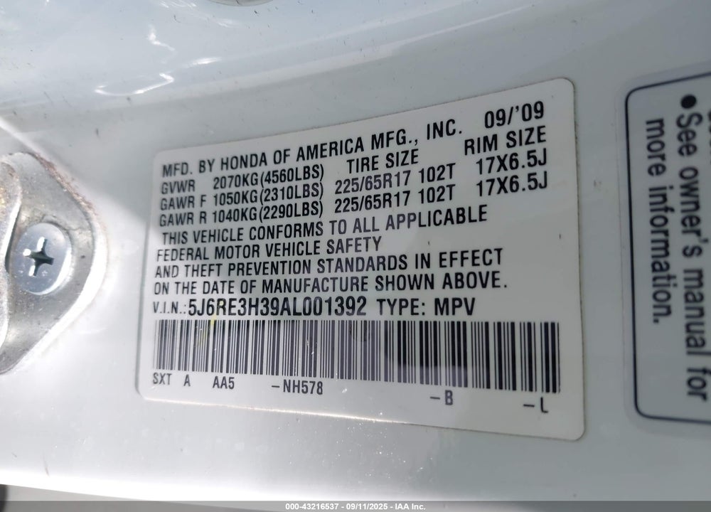 2010 HONDA CR-V VIN: 5J6RE3H39AL001392