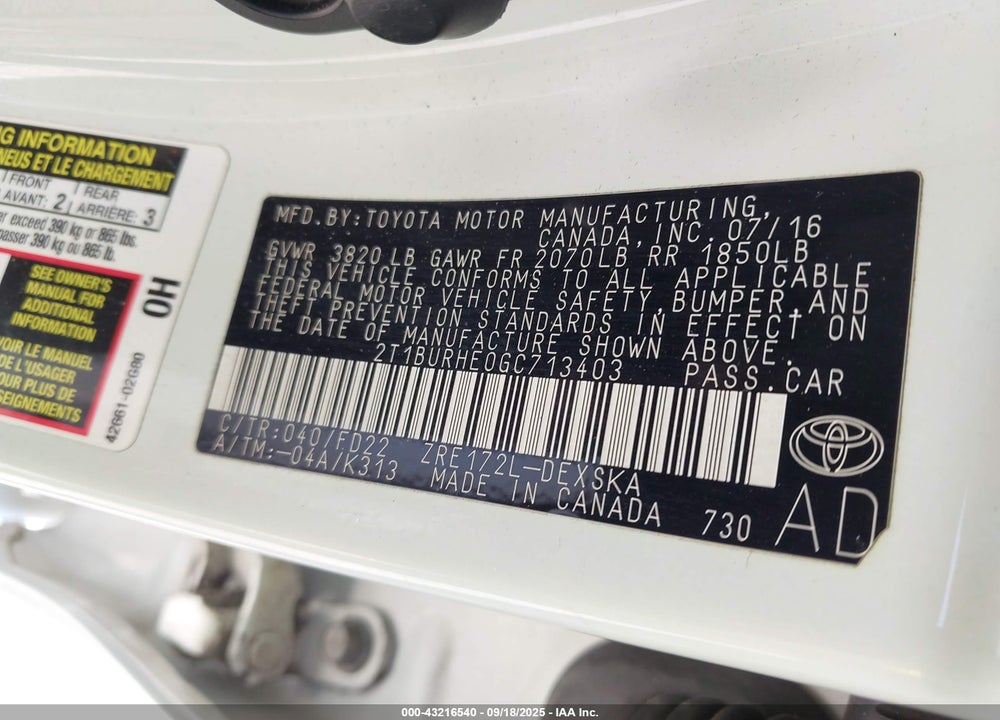 2016 TOYOTA COROLLA S PLUS VIN: 2T1BURHE0GC713403