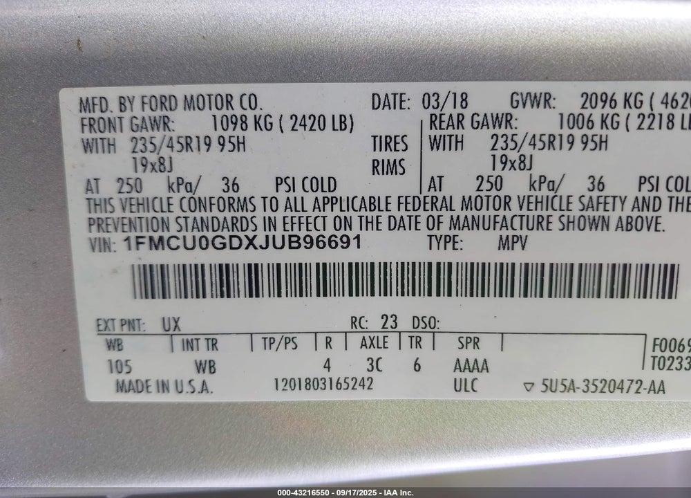 2018 FORD ESCAPE VIN: 1FMCU0GDXJUB96691