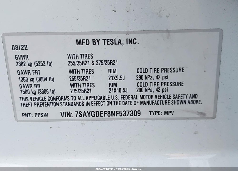 2022 TESLA MODEL Y VIN: 7SAYGDEF8NF537309