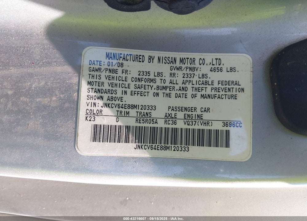 2008 INFINITI G37 VIN: JNKCV64E88M120333