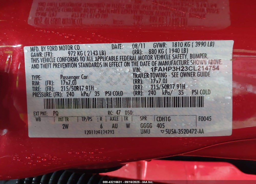 2012 FORD FOCUS VIN: 1FAHP3H23CL214754