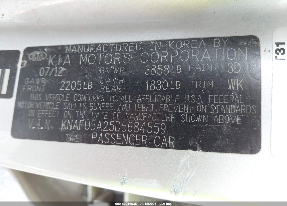 2013 KIA FORTE EX VIN: KNAFU5A25D5684559