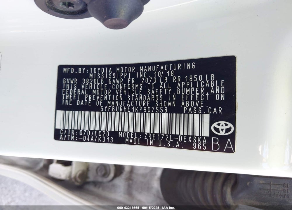 2019 TOYOTA COROLLA VIN: 5YFBURHE1KP907558