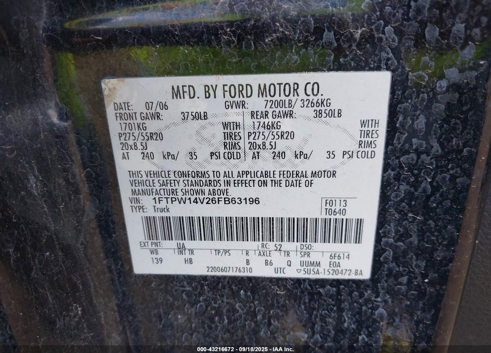 2006 FORD F-150 VIN: 1FTPW14V26FB63196