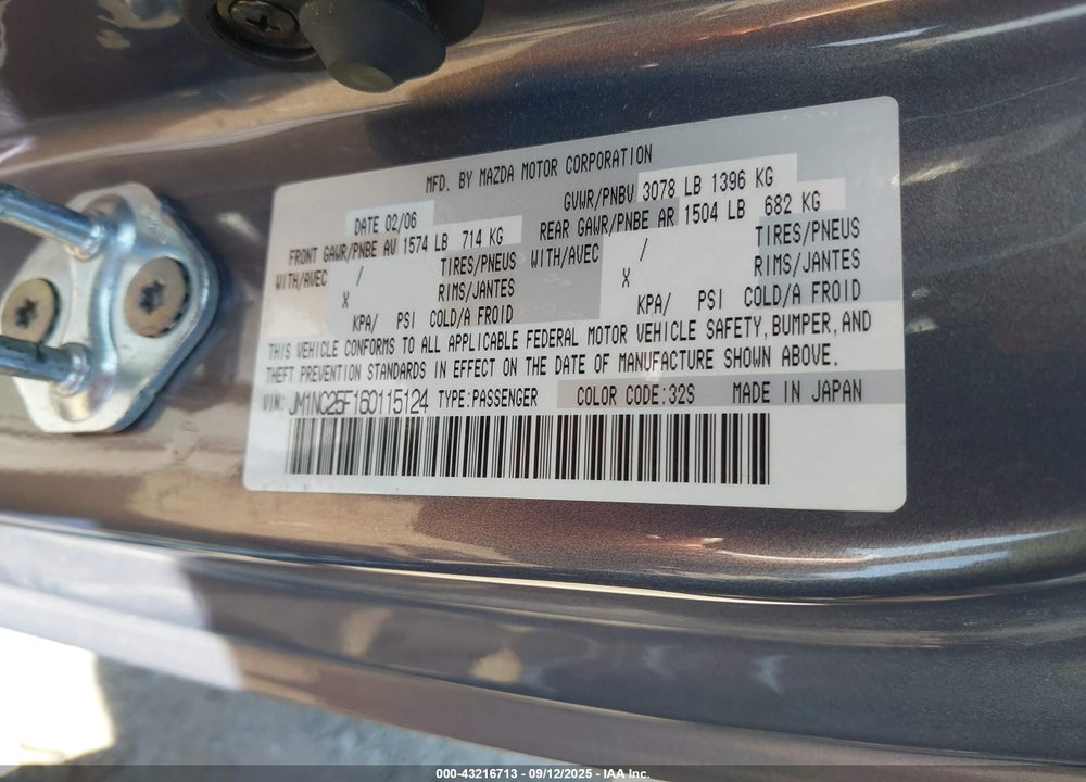 2006 MAZDA MX-5 GRAND TOURING VIN: JM1NC25F160115124