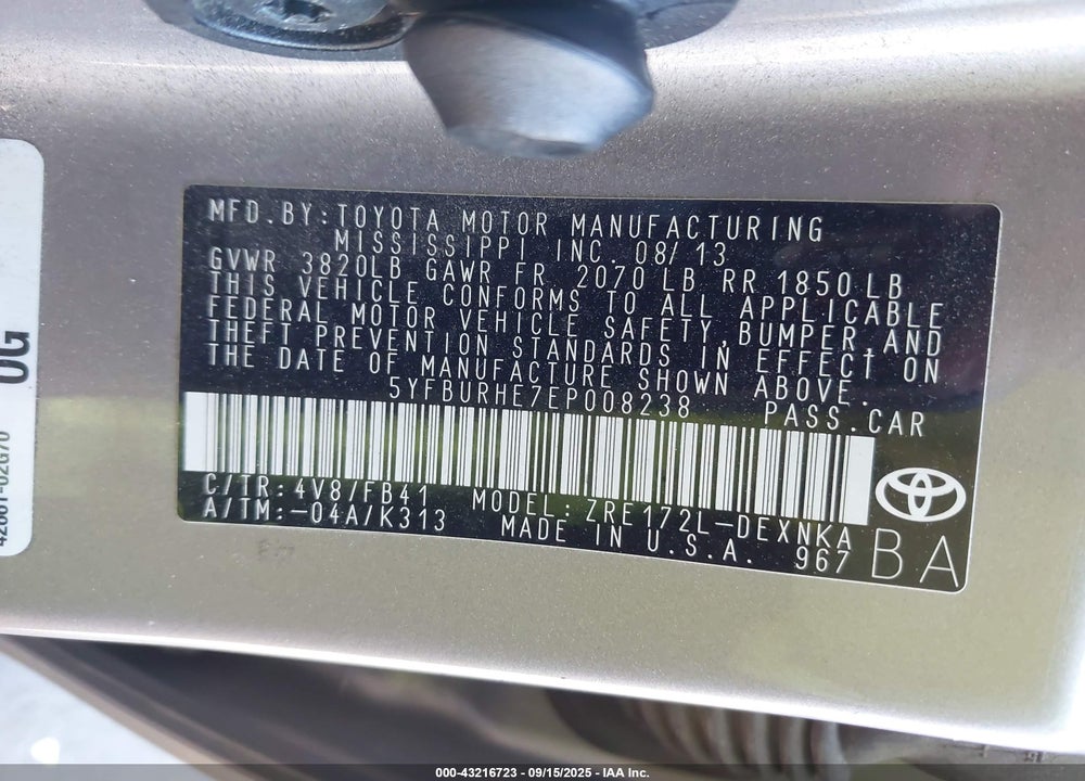 2014 TOYOTA COROLLA LE PLUS VIN: 5YFBURHE7EP008238