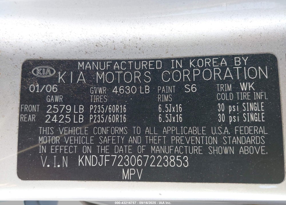2006 KIA SPORTAGE EX V6/LX V6 VIN: KNDJF723067223853