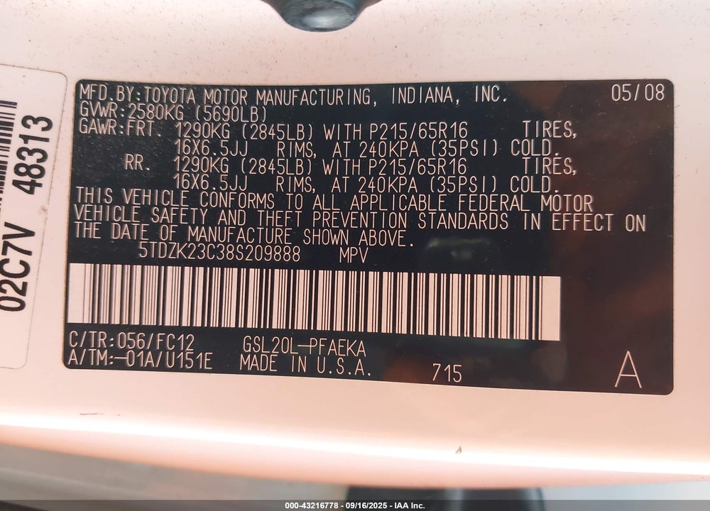 2008 TOYOTA SIENNA VIN: 5TDZK23C38S209888