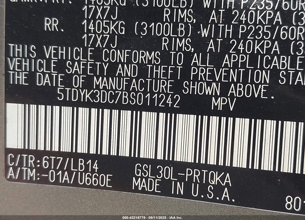 2011 TOYOTA SIENNA XLE V6 VIN: 5TDYK3DC7BS011242