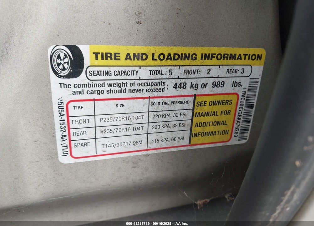 2011 FORD ESCAPE VIN: 1FMCU0E72BKA76250