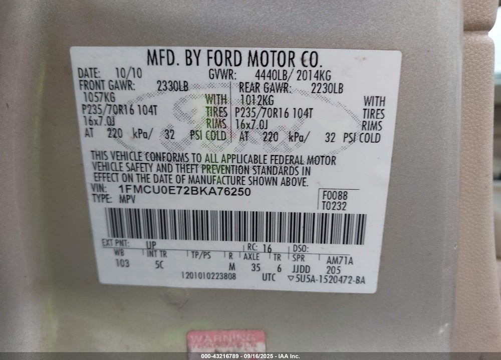 2011 FORD ESCAPE VIN: 1FMCU0E72BKA76250