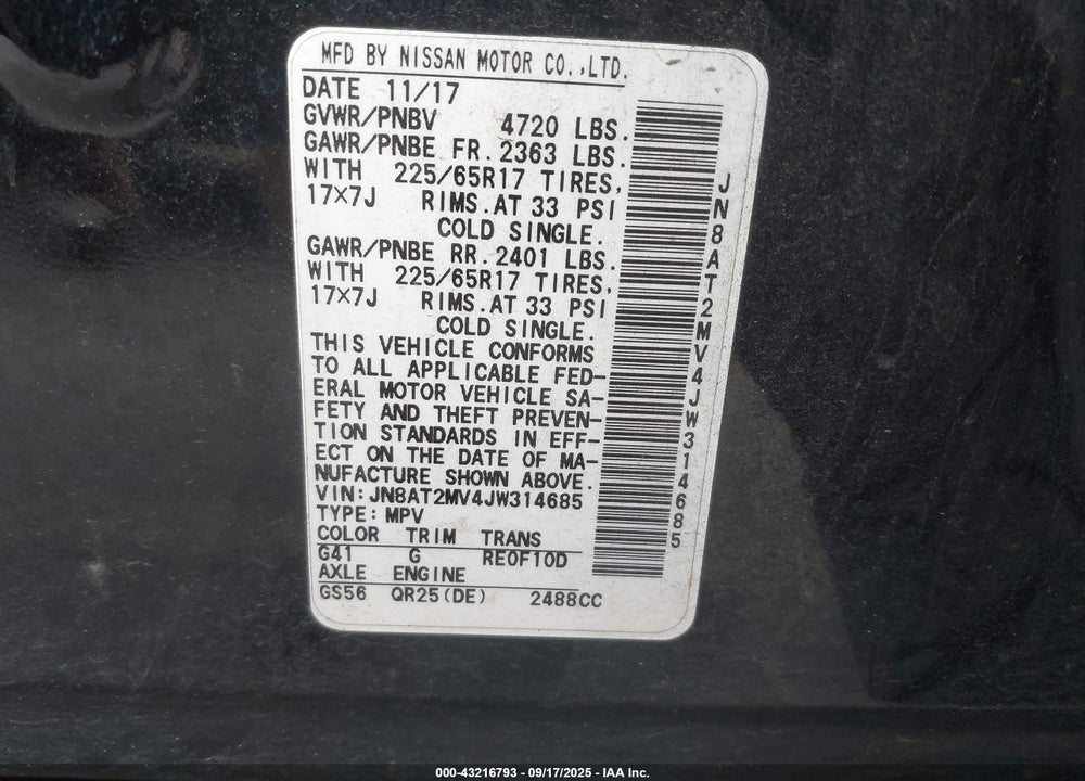 2018 NISSAN ROGUE S VIN: JN8AT2MV4JW314685