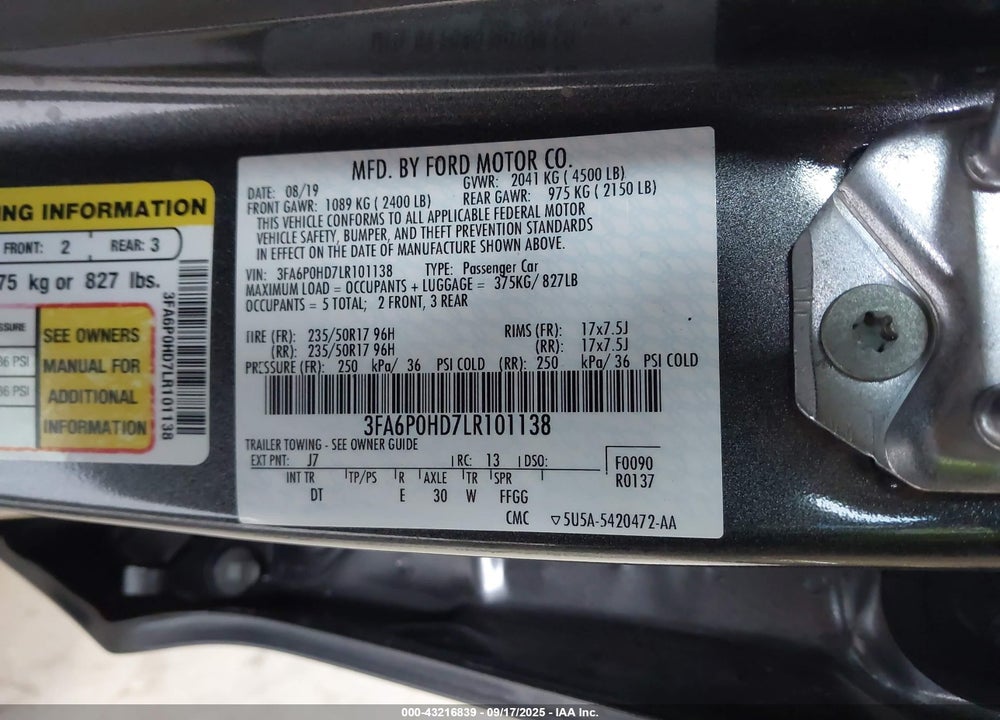 2020 FORD FUSION VIN: 3FA6P0HD7LR101138