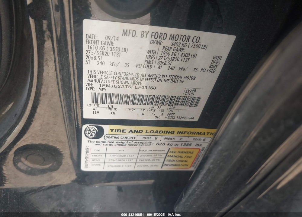2015 FORD EXPEDITION VIN: 1FMJU2AT6FEF09160