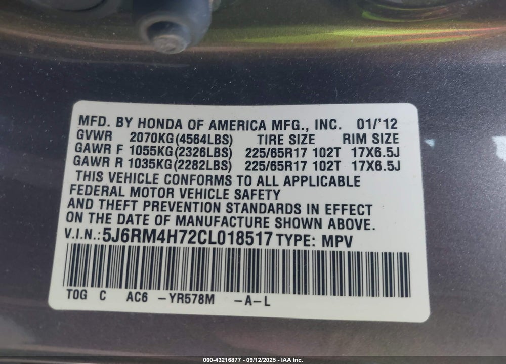 2012 HONDA CR-V EX-L VIN: 5J6RM4H72CL018517