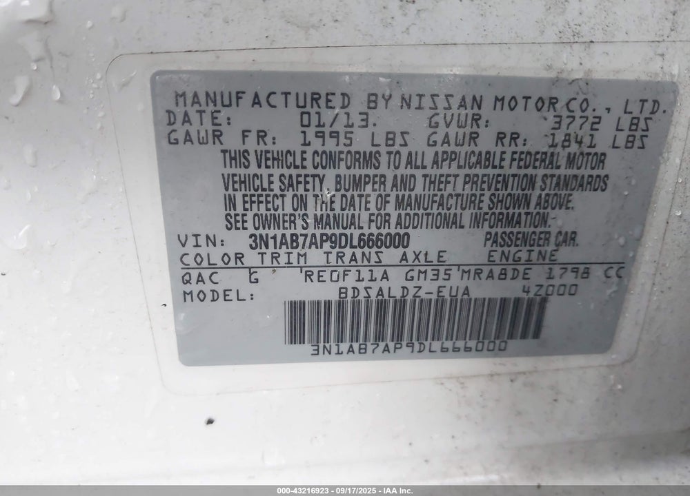 2013 NISSAN SENTRA SV VIN: 3N1AB7AP9DL666000
