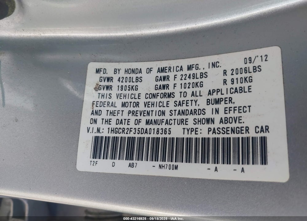 2013 HONDA ACCORD VIN: 1HGCR2F35DA018365