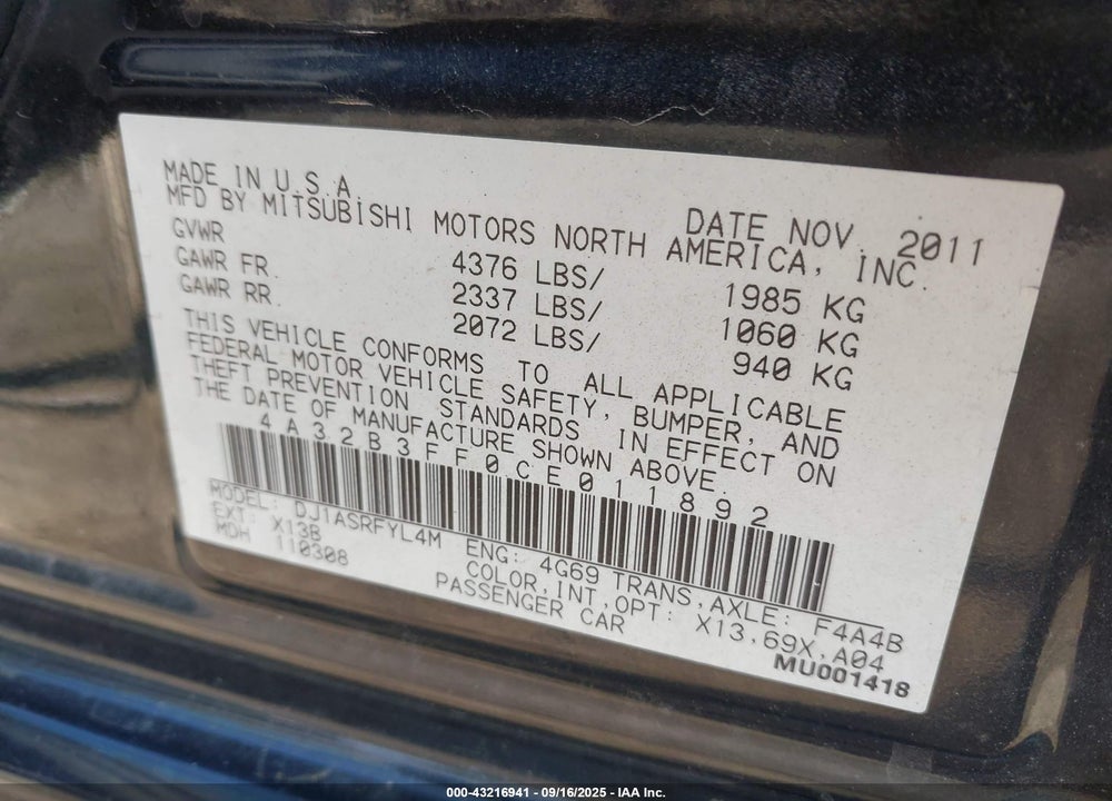 2012 MITSUBISHI GALANT VIN: 4A32B3FF0CE011892